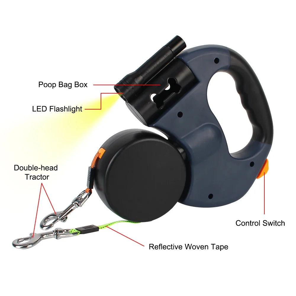 Tangle-Free Retractable Double Dog Leash with LED