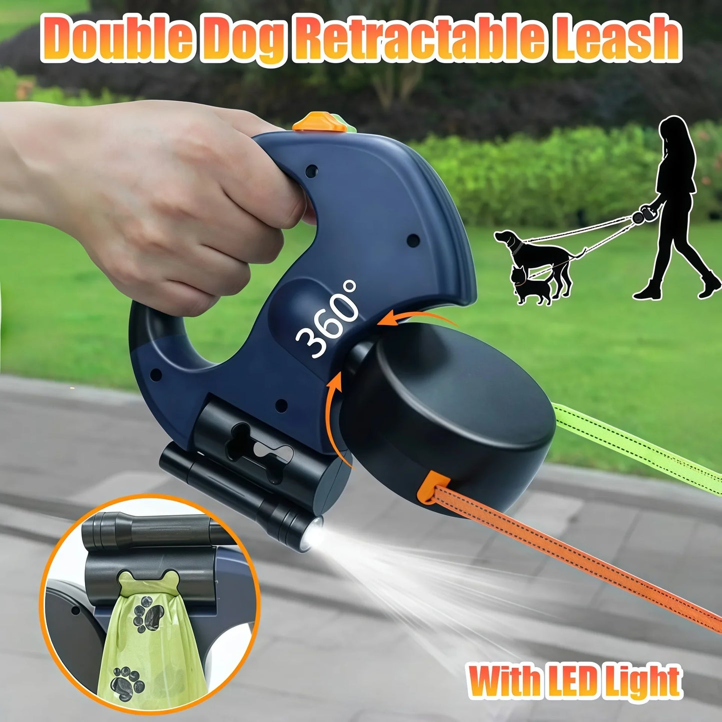 Tangle-Free Retractable Double Dog Leash with LED